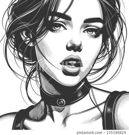 Portrait of Woman with Choker engraving raster Portrait of Woman with Choker engraving raster 135198824