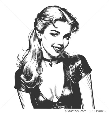 Pin-Up Woman in Leather Jacket Art engraving raster 135198832