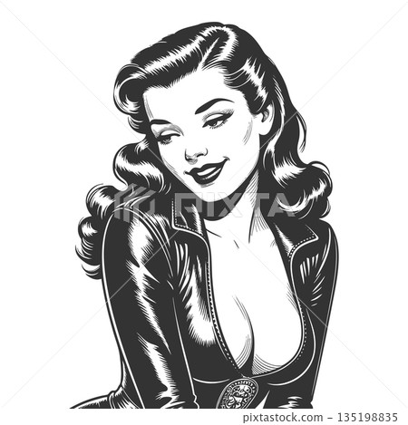 Pin-Up Woman in Leather Jacket Art engraving raster 135198835