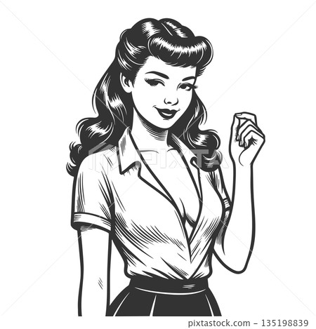 Retro Pin-Up Woman Vintage Style engraving raster Retro Pin-Up Woman Vintage Style engraving raster 135198839