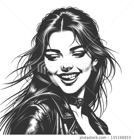 Smiling Woman in Leather Jacket Black and White 135198853