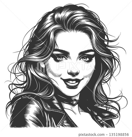 Smiling Woman in Leather Jacket Black and White 135198856