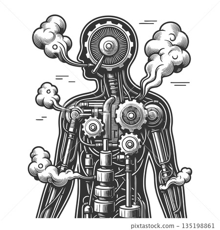 Steampunk Human Body with Gears and Steam raster Steampunk Human Body with Gears and Steam raster 135198861