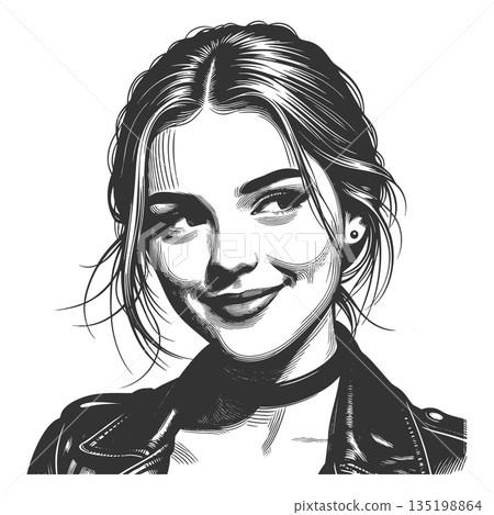 Smiling woman in leather jacket engraving vector 135198864