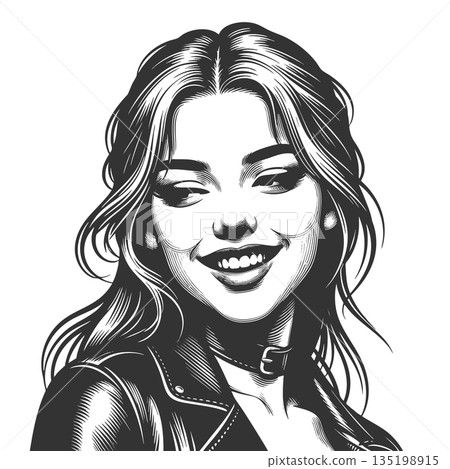 Smiling Woman in Leather Jacket Black and White Smiling Woman in Leather Jacket Black and White 135198915
