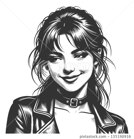 Smiling Woman in Leather Jacket Black and White Smiling Woman in Leather Jacket Black and White 135198916