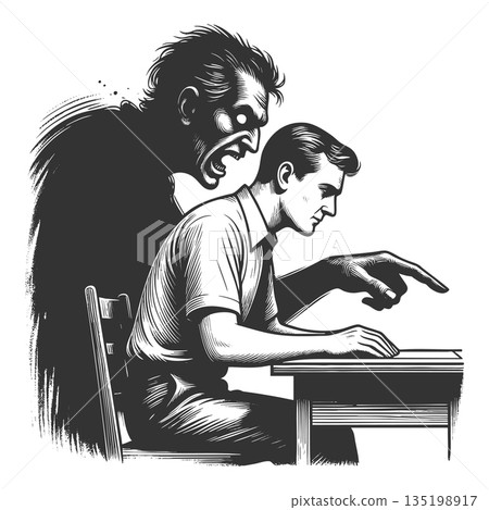 Dark shadow controlling man at desk sketch raster Dark shadow controlling man at desk sketch raster 135198917