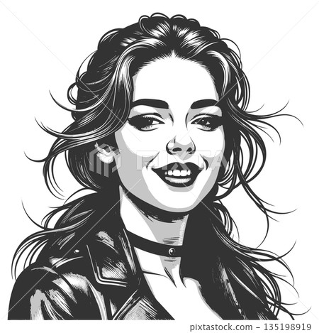 Smiling Woman in Leather Jacket Black and White Smiling Woman in Leather Jacket Black and White 135198919