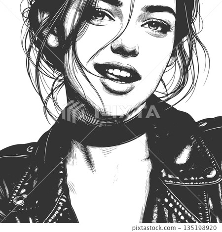 Smiling Woman in Leather Jacket Black and White Smiling Woman in Leather Jacket Black and White 135198920