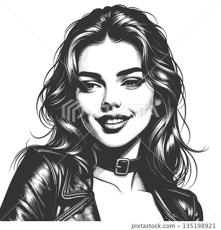 Smiling Woman in Leather Jacket Black and White Smiling Woman in Leather Jacket Black and White 135198921