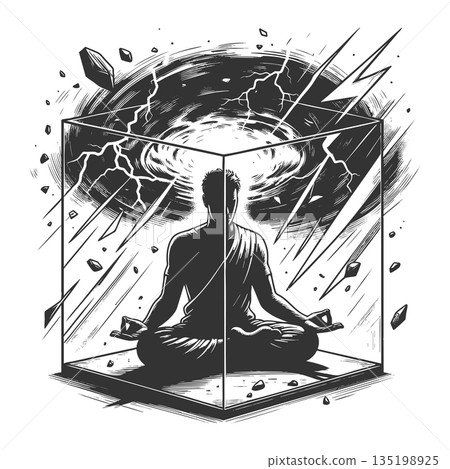 Calm meditation inside chaos protection cube Calm meditation inside chaos protection cube 135198925