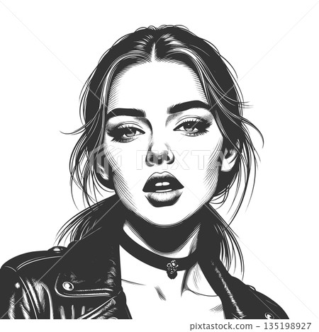 Stylish Woman in Leather Jacket engraving vector Stylish Woman in Leather Jacket engraving vector 135198927