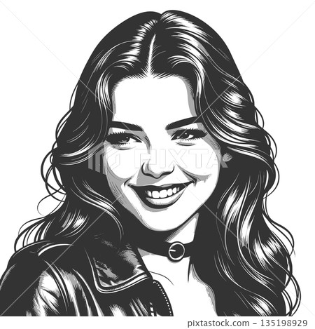 Smiling Woman in Leather Jacket Black and White Smiling Woman in Leather Jacket Black and White 135198929