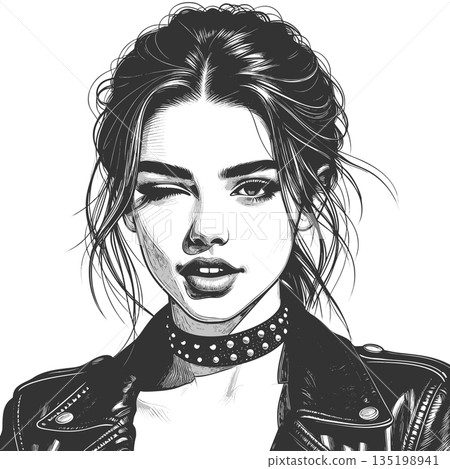 Winking woman in leather jacket engraving raster 135198941