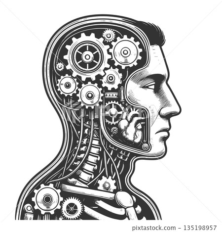Mechanical Human Head with Gears and Pipes raster Mechanical Human Head with Gears and Pipes raster 135198957