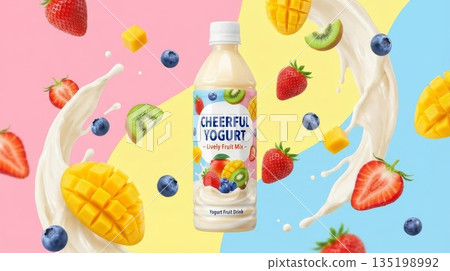 一瓶帶有水果的爆漿優格飲料，背景色彩鮮豔 135198992