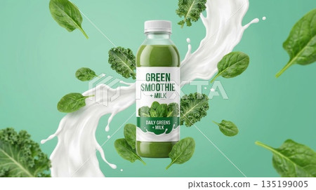 一瓶綠色冰沙,周圍濺滿了牛奶,周圍散落著新鮮蔬菜,背景是綠色的。 一瓶綠色冰沙,周圍濺滿了牛奶,周圍散落著新鮮蔬菜,背景是綠色的。 135199005