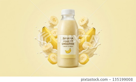 一瓶冰鎮香蕉優格冰沙，濺落在淺黃色背景上 135199008