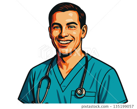 Colorful portrait of smiling male nurse raster Colorful portrait of smiling male nurse raster 135199057