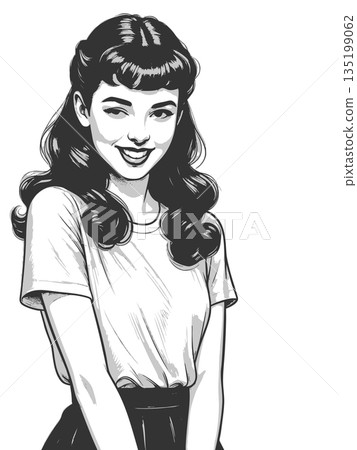 Smiling Retro Girl Winking engraving sketch raster Smiling Retro Girl Winking engraving sketch raster 135199062