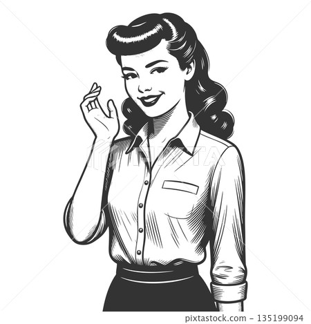 Smiling Retro Girl Winking engraving sketch raster Smiling Retro Girl Winking engraving sketch raster 135199094