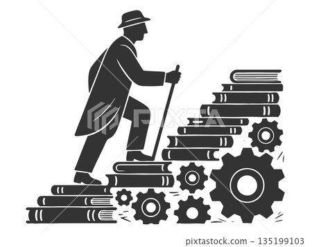 Man climbing books gears knowledge and progress Man climbing books gears knowledge and progress 135199103
