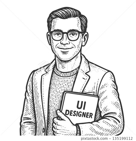 male UI designer holding tablet engraving vector male UI designer holding tablet engraving vector 135199112