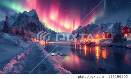 Northern lights in the mountains. Beautiful winter night landscape. Northern lights in the mountains. Beautiful winter night landscape. 135199205