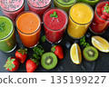 Vegetable and fruit smoothies in glasses, top view 135199227