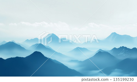 Breathtaking view of a mountain range with a spruce forest on a sunny day. 135199230