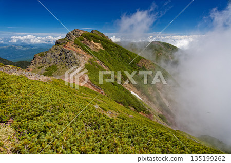 Clouds rising from the three-pronged peak of the Yatsugatake mountain range and the main peak of Yokodake 135199262
