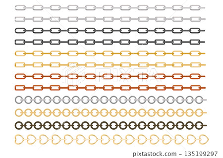 背景是各種形狀和顏色的金屬鏈條水平排列而成。 135199297