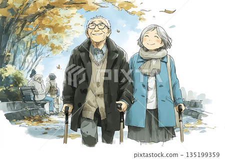 一幅溫馨的郊遊插畫，描繪了一對老年夫婦在秋日公園漫步的場景。 135199359