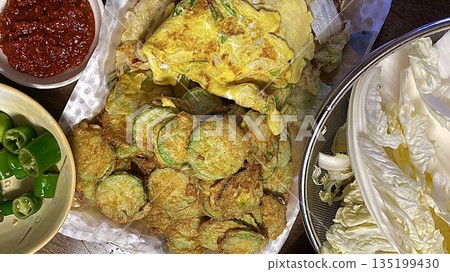 Korean traditional food, jeon, vegetable, meat, etc. are mixed with eggs and fried in oil. Always put it on the table when I hold a memorial service for ancestors on Chuseok (Thanks giving Day) 135199430