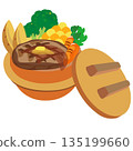 Illustration of a Western-style rice pot with beef steak 135199660