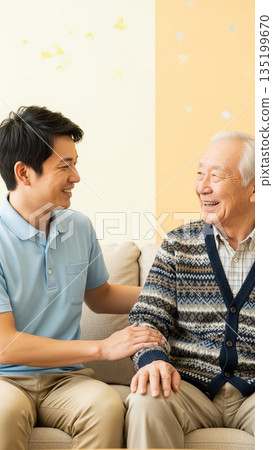 A smiling caregiver and an elderly man share a peaceful moment 135199670