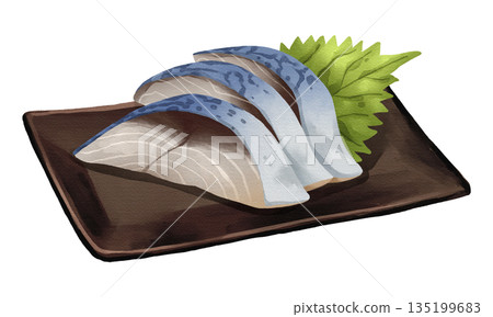 Sliced Saba mackerel sashimi with shiso leaf on black plate, realistic hand-drawn watercolor painting. Premium Japanese seafood illustration. Transparent background. Sliced Saba mackerel sashimi with shiso leaf on black plate, realistic hand-drawn watercolor painting. Premium Japanese seafood illustration. Transparent background. 135199683