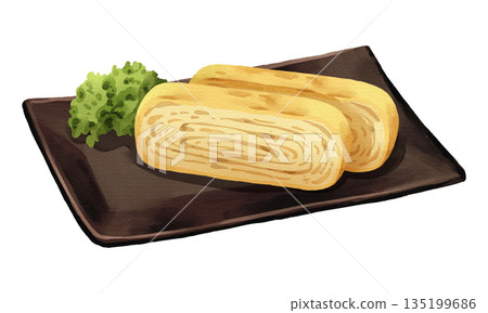 Tamagoyaki Japanese rolled omelet on black plate, realistic hand-drawn watercolor painting. Premium Japanese seafood illustration. Transparent background. Tamagoyaki Japanese rolled omelet on black plate, realistic hand-drawn watercolor painting. Premium Japanese seafood illustration. Transparent background. 135199686