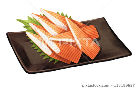 Kanikama crab sticks with shiso leaf on black plate, realistic hand-drawn watercolor painting. Premium Japanese seafood illustration. Transparent background. Kanikama crab sticks with shiso leaf on black plate, realistic hand-drawn watercolor painting. Premium Japanese seafood illustration. Transparent background. 135199687