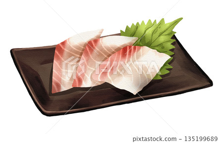 Sliced White fish Tai sea bream sashimi with shiso leaf on black plate, realistic hand-drawn watercolor painting. Premium Japanese seafood illustration. Transparent background. Sliced White fish Tai sea bream sashimi with shiso leaf on black plate, realistic hand-drawn watercolor painting. Premium Japanese seafood illustration. Transparent background. 135199689