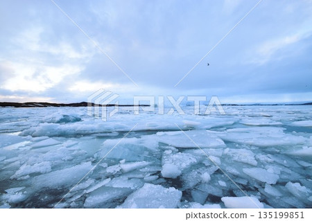Blue ice blocks floating on a glacial lake in Iceland. A polar landscape that captures the harsh cold and beauty of nature. Blue ice blocks floating on a glacial lake in Iceland. A polar landscape that captures the harsh cold and beauty of nature. 135199851