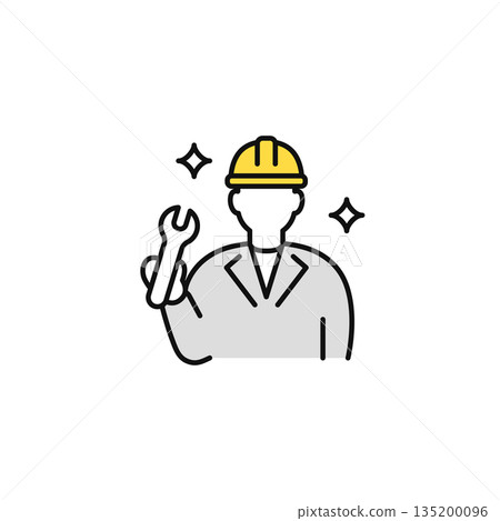 Simple vector icon illustration of a construction worker holding a tool 135200096