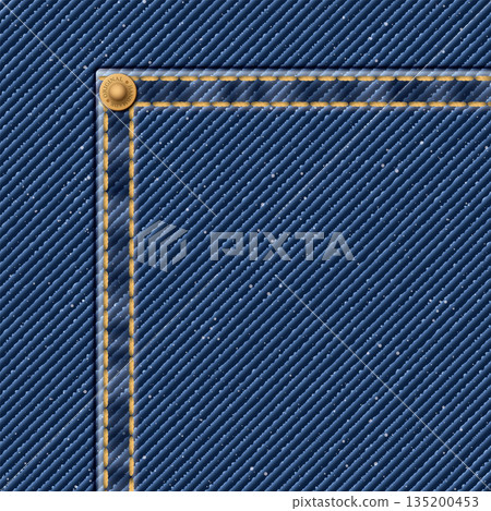 Denim blue jean textile pattern background with gold seams and brass pin vector illustration. 135200453
