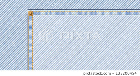 Denim blue jean light wash textile pattern background with gold seams, crease and brass pins frame vector illustration. 135200454