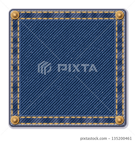 Denim blue jean pattern square badge isolated with gold seams, crease and brass pins vector illustration. 135200461