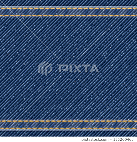 Denim blue jean textile pattern square background with gold seams and crease vector illustration. 135200463