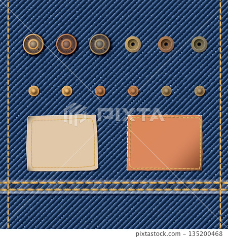 Denim blue jean textile pattern template with clothing accessory isolated elements and leather badge for decoration vector illustration. 135200468