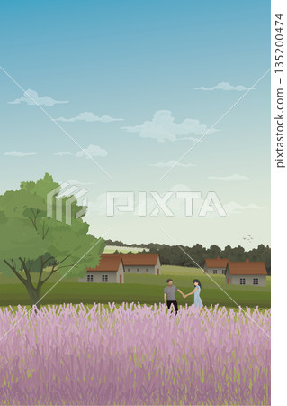 Couple of lover hands holding together at lavender fields on the hill have country houses and mountain range behind vector illustration. 135200474