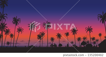 Silhouetted coconut palm trees at the beach with dramatic sky rectangle background vector illustration. Summer traveling and party at the beach concept flat design with blank space. Silhouetted coconut palm trees at the beach with dramatic sky rectangle background vector illustration. Summer traveling and party at the beach concept flat design with blank space. 135200482