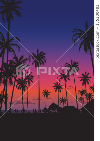 Silhouetted coconut palm trees at the beach with dramatic sky vertical background vector illustration. Summer traveling and party at the beach concept flat design with blank space. Silhouetted coconut palm trees at the beach with dramatic sky vertical background vector illustration. Summer traveling and party at the beach concept flat design with blank space. 135200483